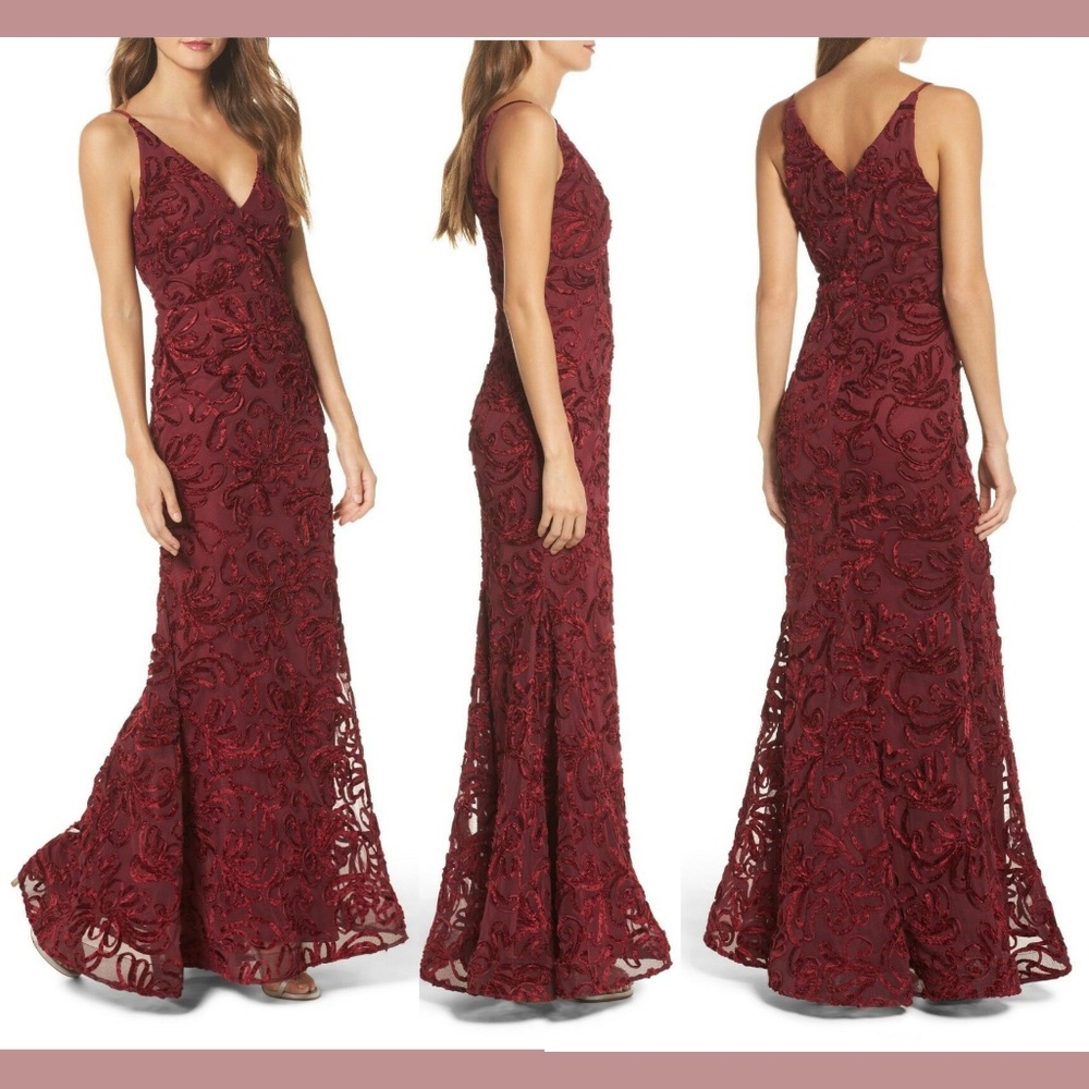 NEW $258 XSCAPE [SIZE 0 ] Flocked Velvet Mesh Gown‎ in Wine Red
